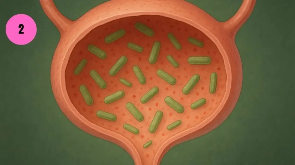 Illustration of improved bacterial balance inside female bladder related to urinary control support in women over 45