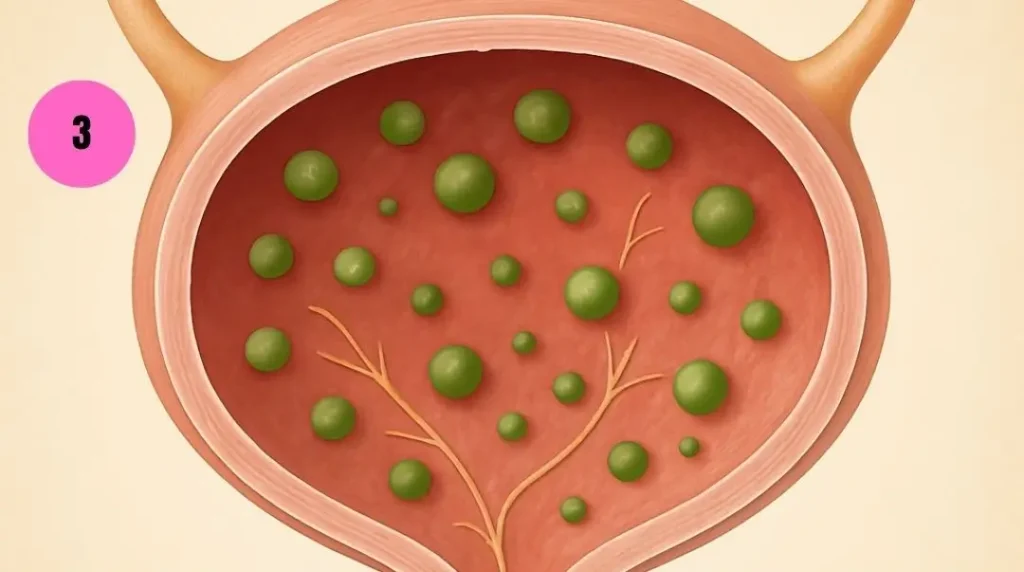 Illustration of balanced urinary environment inside female bladder supporting bladder control in women over 45