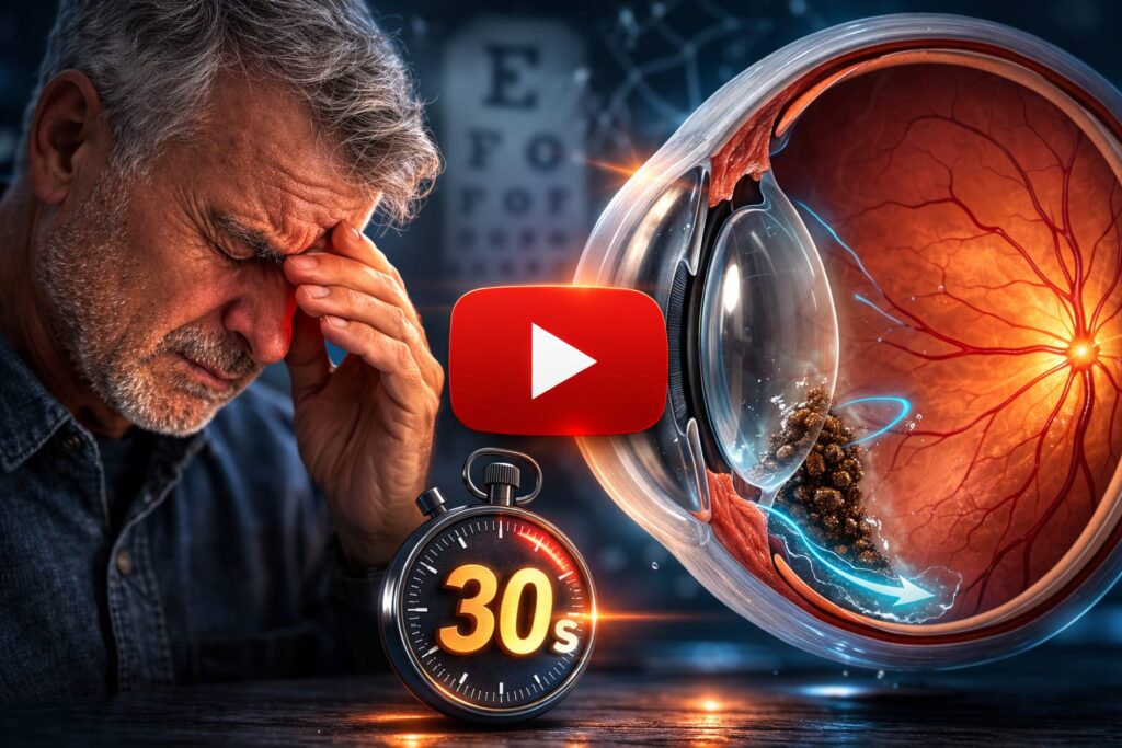 Medical illustration showing eye pressure buildup and microscopic plaque with 30-second visual explanation