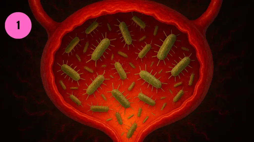 Illustration of bacterial overgrowth inside female bladder linked to urinary urgency and urine leakage in women over 45
