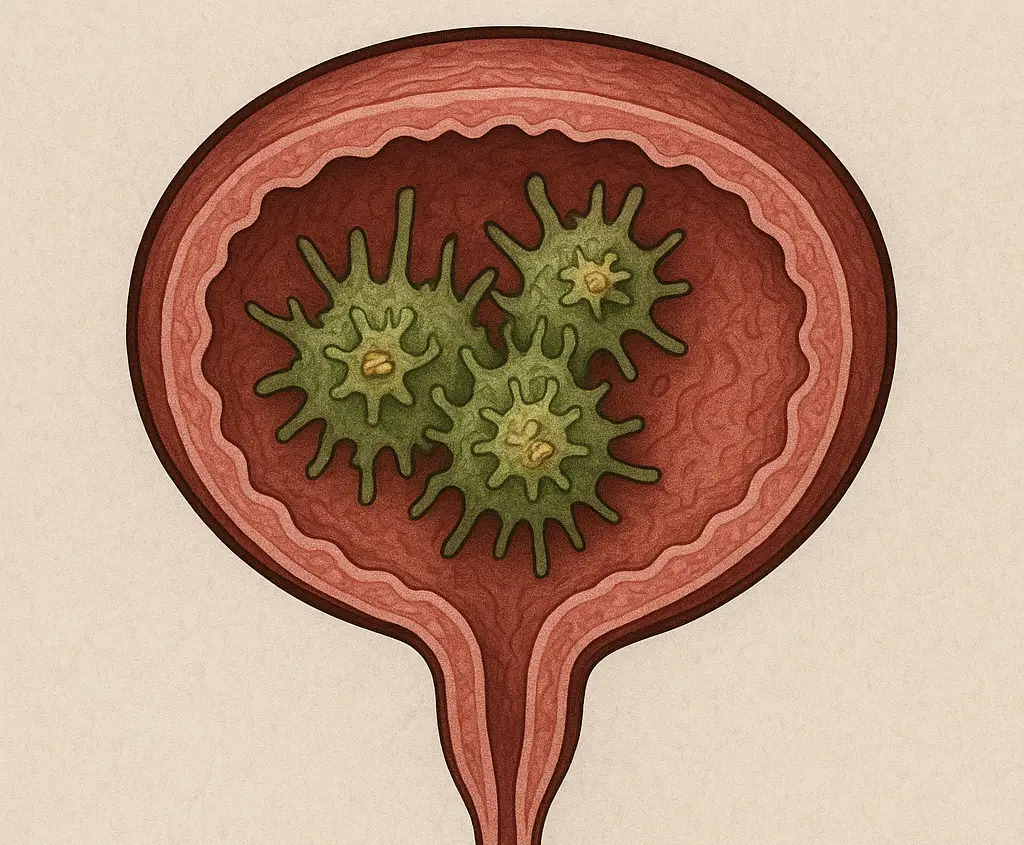 Illustration of bacterial imbalance inside the female bladder related to urine leakage and urgency in women over 45